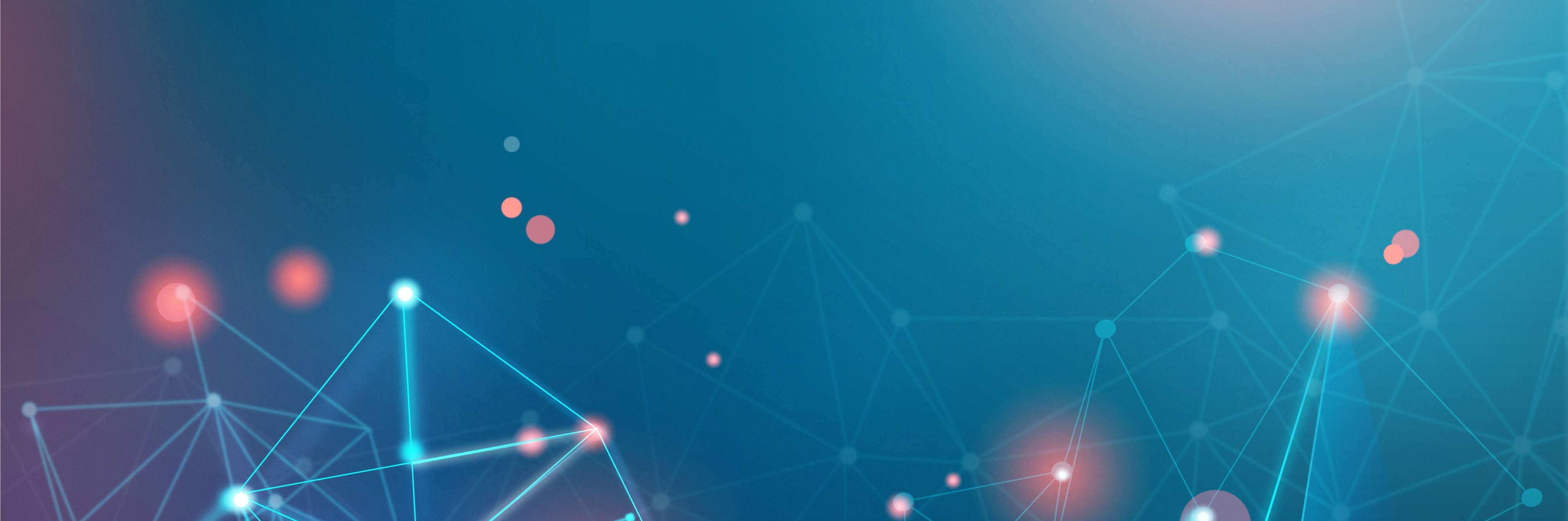 Geometric network design with blue and red elements on a dark background